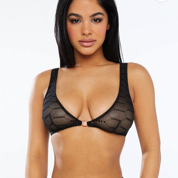 Savage X Fenty Black Caviar Flocked Logo Bralette - Picture 3 of 11